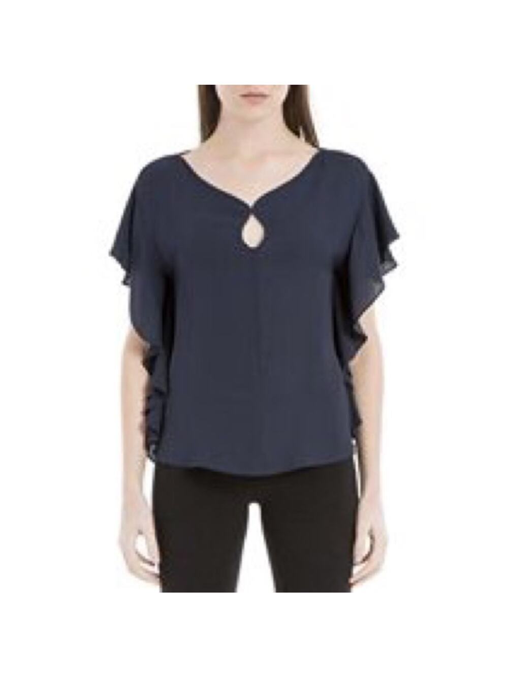 Max Studio Flutter Sleeve Keyhole Blouse in Navy Blue